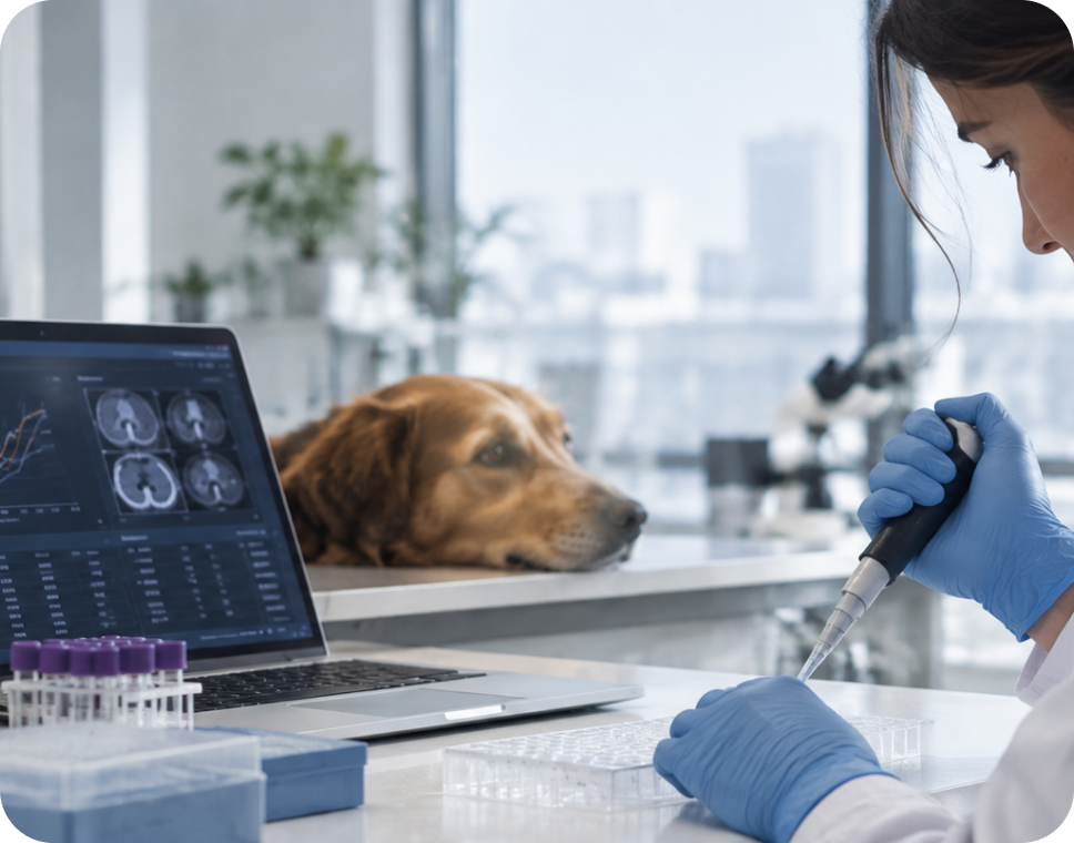 A veterinary researcher working with samples while a dog rests nearby