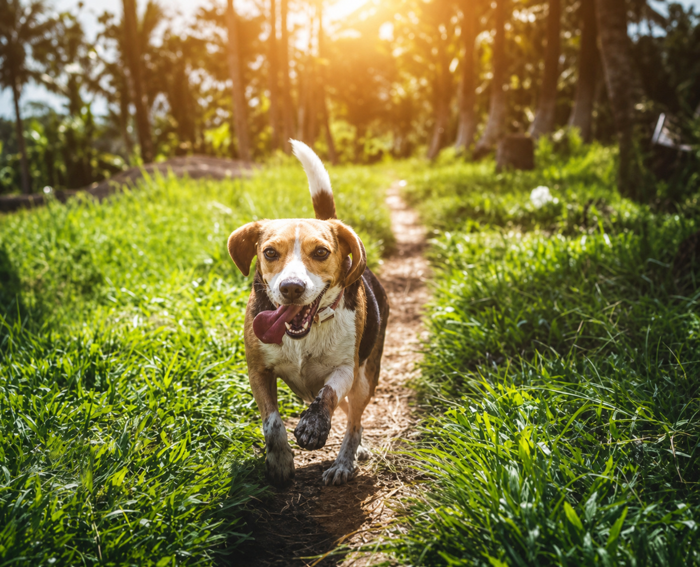 A dog running outdoors in warm sunlight